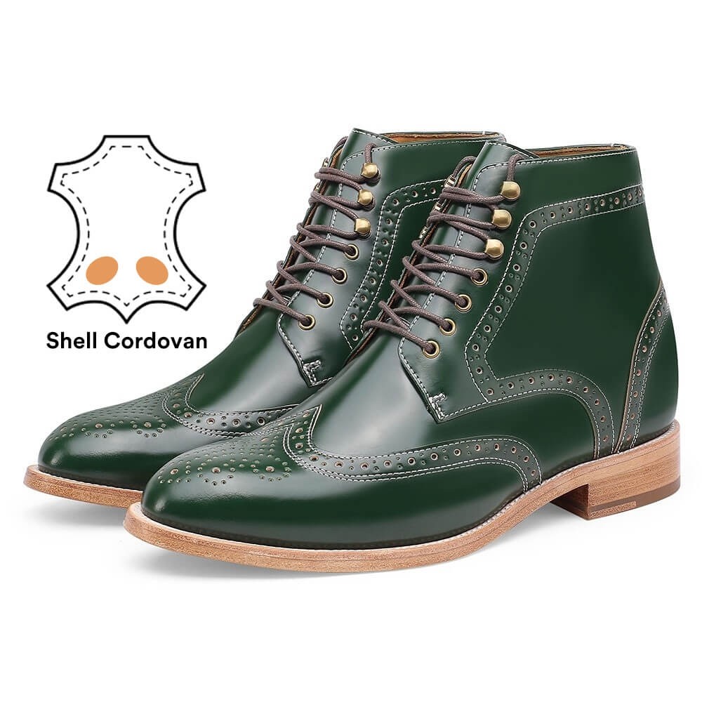 Buty podwyższające Shell Cordovan - Wysokie botki męskie z zielonym brogue - Ręcznie robione botki z skrzydłami dla mężczyzn 9 cm/3,54 cala