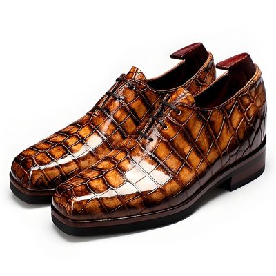 CMR CHAMARIPA Męskie eleganckie buty podwyższające o 6 cm / 2,36 cala | Brązowe oksfordy ze skóry krokodyla nilowego, szyte metodą Goodyear Welted.