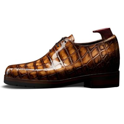 CMR CHAMARIPA Męskie eleganckie buty podwyższające o 6 cm / 2,36 cala | Brązowe oksfordy ze skóry krokodyla nilowego, szyte metodą Goodyear Welted.