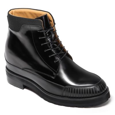 Buty z wysoką podeszwą 11 cm – Czarne błyszczące skórzane botki męskie