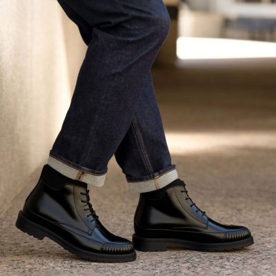 Buty z wysoką podeszwą 11 cm – Czarne błyszczące skórzane botki męskie