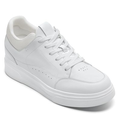 Męskie trampki z podwyższeniem – białe, skórzane, codzienne buty casualowe 7 cm / 2,76 cala