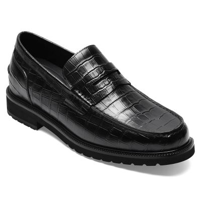 CMR CHAMARIPA Męskie Mokasyny Podwyższające | Czarne Skórzane Penny Loafers z Wzorem Krokodyla 6 CM