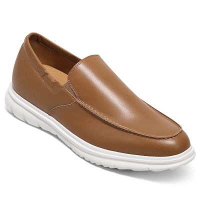 Buty z wysoką podeszwą 5 cm – Brązowe skórzane mokasyny wsuwane męskie