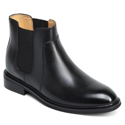 CMR CHAMARIPA Męskie Botki Podwyższające Wzrost – Czarne Skórzane Chelsea 8CM