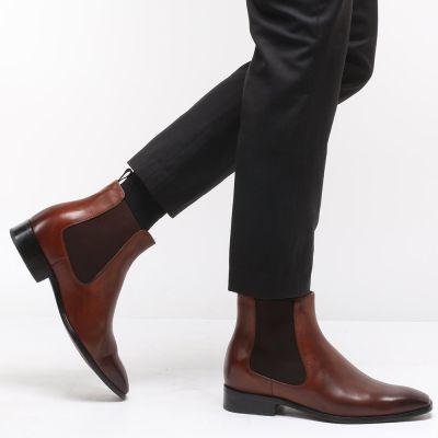 Buty Podwyższające Męskie – Brązowe Skórzane Botki Chelsea z Zamkiem 7cm