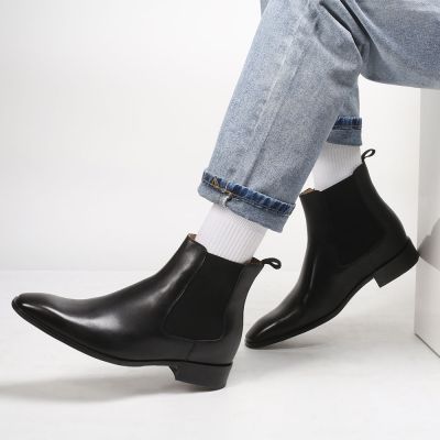 CMR CHAMARIPA Botki Chelsea podwyższające wzrost, czarne skórzane buty dla wysokich mężczyzn, buty na wysokim obcasie dla mężczyzn, podwyższenie o 7 cm / 2,76 cala.