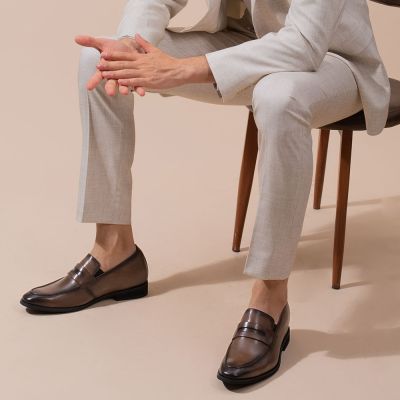 Obuwie Podwyższające – Khaki Skórzane Mokasyny Męskie z Podwyższeniem 7cm
