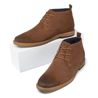 Buty podwyższające zimowe – Brązowe zamszowe botki męskie z podwyższeniem 6 cm
