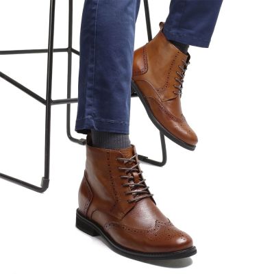 Czarne Skórzane Botki Brogue dla Mężczyzn 7 cm