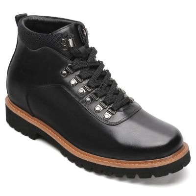 Czarne Skórzane Buty Sznurowane 8 cm