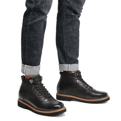 Czarne Skórzane Buty Sznurowane 8 cm