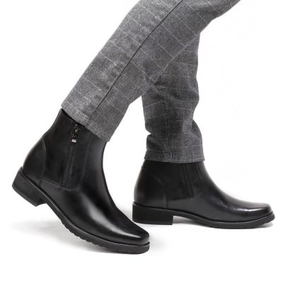 8cm Buty Podwyższające Męskie - Czarne Skórzane Botki z Zamkiem