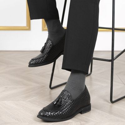 Czarne Plecionki Skórzane Loafers 8 cm