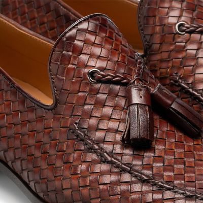 Ręcznie Tkane Skórzane Loafersy z Frędzlami 7 cm