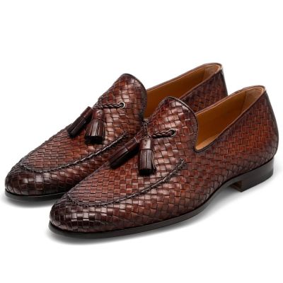 Ręcznie Tkane Skórzane Loafersy z Frędzlami 7 cm