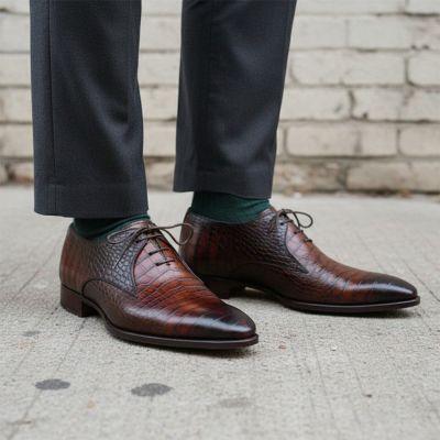 CMR CHAMARIPA Męskie buty podwyższające | Brązowe buty Oxford z wzorem krokodyla 7 CM