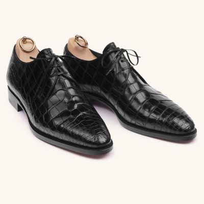 CMR CHAMARIPA Męskie wizytowe buty podwyższające | Czarne buty Derby z wzorem krokodyla 7 CM
