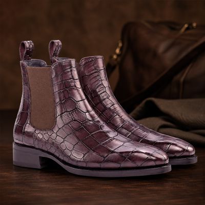 CMR CHAMARIPA Męskie buty podwyższające | Bordowe sztyblety Chelsea z wzorem krokodyla 7 CM
