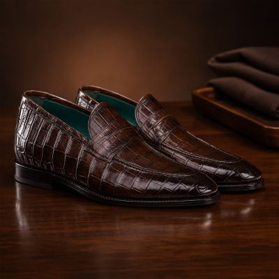 CMR CHAMARIPA Męskie buty podwyższające | Ciemnobrązowe mokasyny Penny Loafers z wzorem krokodyla 5 CM