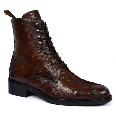 CMR CHAMARIPA Buty Podwyższające Męskie | Koniakowe Buty ze Skóry Strusia 7 CM