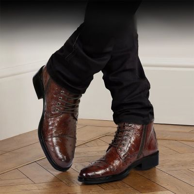 CMR CHAMARIPA Buty Podwyższające Męskie | Koniakowe Buty ze Skóry Strusia 7 CM