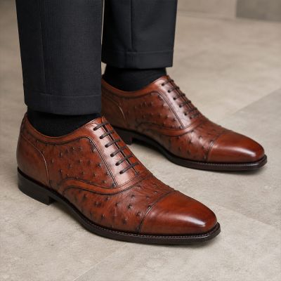 CMR CHAMARIPA Buty Podwyższające dla Mężczyzn | Brązowe Oksfordy ze Skóry Strusia 7 CM