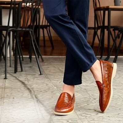 CMR CHAMARIPA Buty Dodające Wzrostu Męskie | Brązowe Wsuwane Mokasyny ze Skóry Strusia 5 CM
