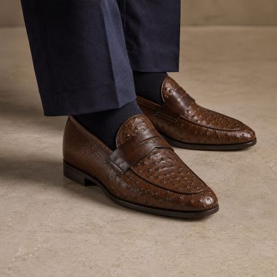 CMR CHAMARIPA Najlepsze Buty Podwyższające dla Mężczyzn | Ciemnobrązowe Mokasyny Penny Loafers ze Skóry Strusia 5 CM