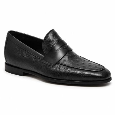 CMR CHAMARIPA Męskie Mokasyny Podwyższające | Czarne Mokasyny Penny Loafers ze Skóry Strusia 5 CM