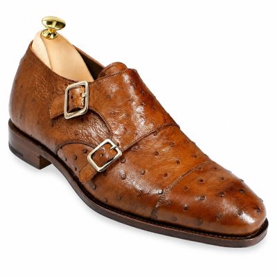 CMR CHAMARIPA Podwyższane Buty dla Mężczyzn | Brązowe Buty Monki ze Skóry Strusia 7 CM