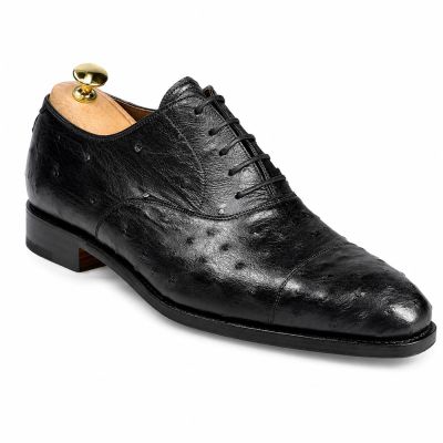 CMR CHAMARIPA Męskie Buty Wizytowe na Obcasie | Czarne Oksfordy ze Skóry Strusia 7 CM