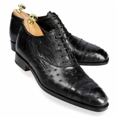 CMR CHAMARIPA Męskie Buty Wizytowe na Obcasie | Czarne Oksfordy ze Skóry Strusia 7 CM