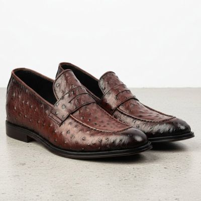 CMR CHAMARIPA Buty Podwyższające Wzrost dla Mężczyzn | Brązowe Mokasyny Penny Loafers ze Skóry Strusia 5 CM