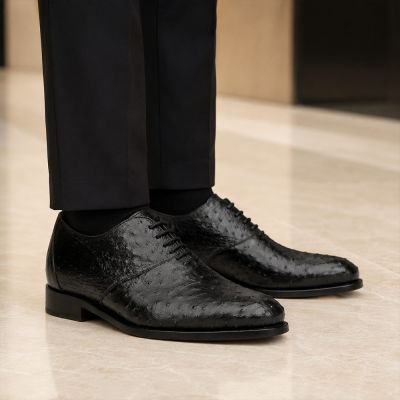 CMR CHAMARIPA Męskie Buty z Podwyższeniem | Czarne Oksfordy ze Skóry Strusia 7 CM