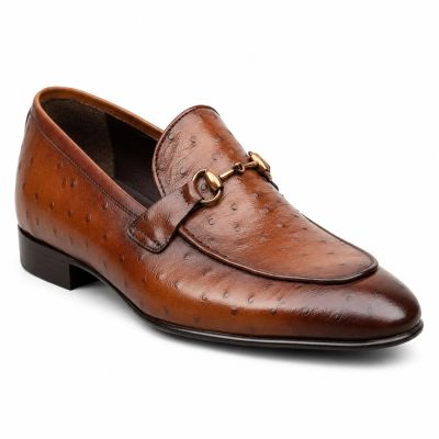 CMR CHAMARIPA Buty Podwyższające dla Mężczyzn | Brązowe Mokasyny ze Skóry Strusia 5 CM