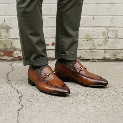CMR CHAMARIPA Buty Podwyższające dla Mężczyzn | Brązowe Mokasyny ze Skóry Strusia 5 CM