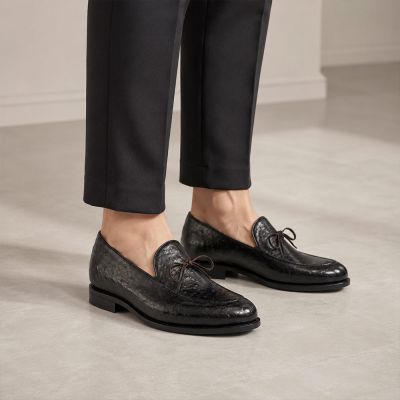 CMR CHAMARIPA Buty Dodające Wzrostu dla Mężczyzn | Czarne Mokasyny ze Skóry Strusia 5 CM