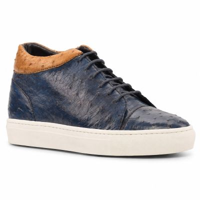 CMR CHAMARIPA Buty Podwyższające dla Mężczyzn | Granatowe Buty Codzienne z Wysoką Cholewką ze Skóry Strusia 7 CM