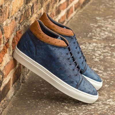 CMR CHAMARIPA Buty Podwyższające dla Mężczyzn | Granatowe Buty Codzienne z Wysoką Cholewką ze Skóry Strusia 7 CM