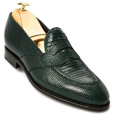 CMR CHAMARIPA Męskie buty podwyższające | Zielone mokasyny Penny Loafers ze skóry jaszczurki 5 CM