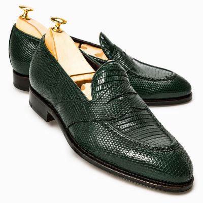CMR CHAMARIPA Męskie buty podwyższające | Zielone mokasyny Penny Loafers ze skóry jaszczurki 5 CM