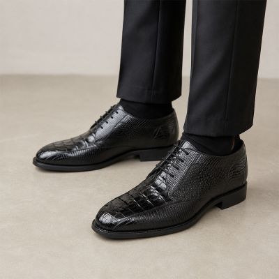 CMR CHAMARIPA Męskie buty z wkładką podwyższającą | Czarne skórzane buty ze skóry jaszczurki i krokodyla 7 CM