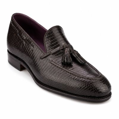 CMR CHAMARIPA Męskie buty podwyższające | Brązowe mokasyny z frędzlami ze skóry jaszczurki 5 CM
