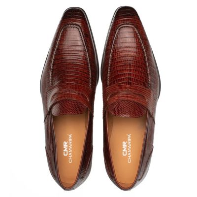 CMR CHAMARIPA Męskie buty podwyższające | Mahoniowe mokasyny Penny Loafers ze skóry jaszczurki 5 CM