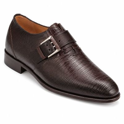 CMR CHAMARIPA Męskie buty podwyższające | Brązowe buty z klamrą Monk Strap ze skóry jaszczurki 7 CM