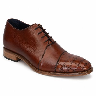 CMR CHAMARIPA Męskie wizytowe buty podwyższające | Koniakowe buty Oxford ze skóry jaszczurki 7 CM