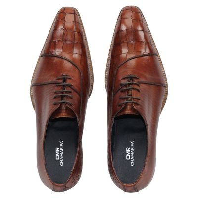 CMR CHAMARIPA Męskie wizytowe buty podwyższające | Koniakowe buty Oxford ze skóry jaszczurki 7 CM