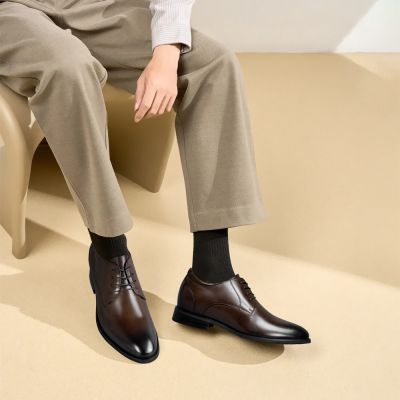 CMR CHAMARIPA Męskie Buty z Wyższym Obcasem – Brązowe Skórzane Eleganckie Buty Podwyższające Wzrost 7 cm