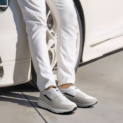 8 cm Buty Sportowe Podwyższające Męskie – Białe Skórzane Sneakerki